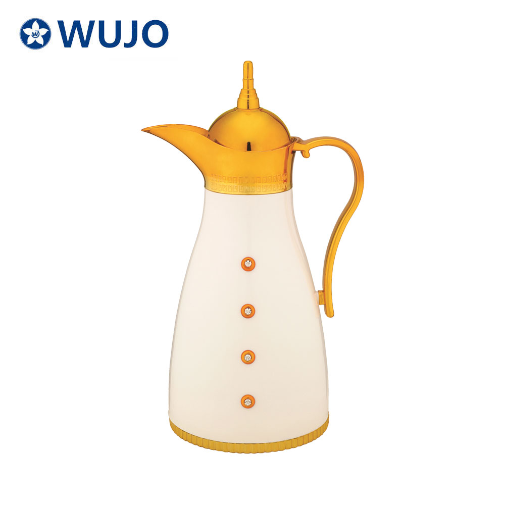 Wujo-arabische Dallah-Weißgold-Elektroplatten-Kunststoff-Thermos mit Glasfutter